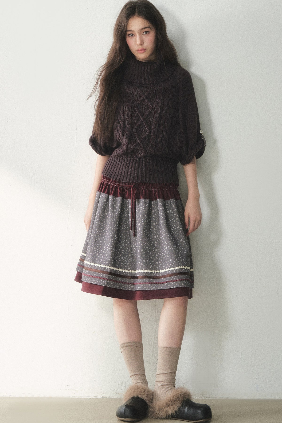 Berry Purple High-Neck Wool Knit Cape