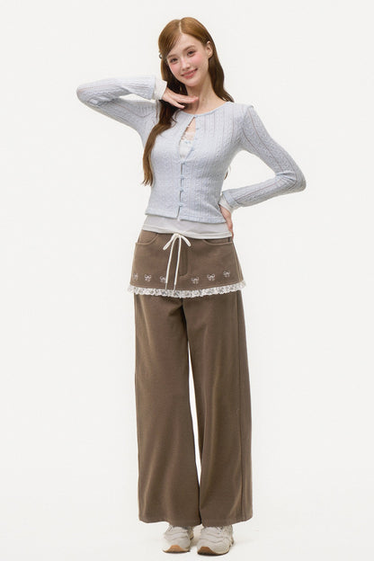 Bow Embroidered Layered-Look Pants