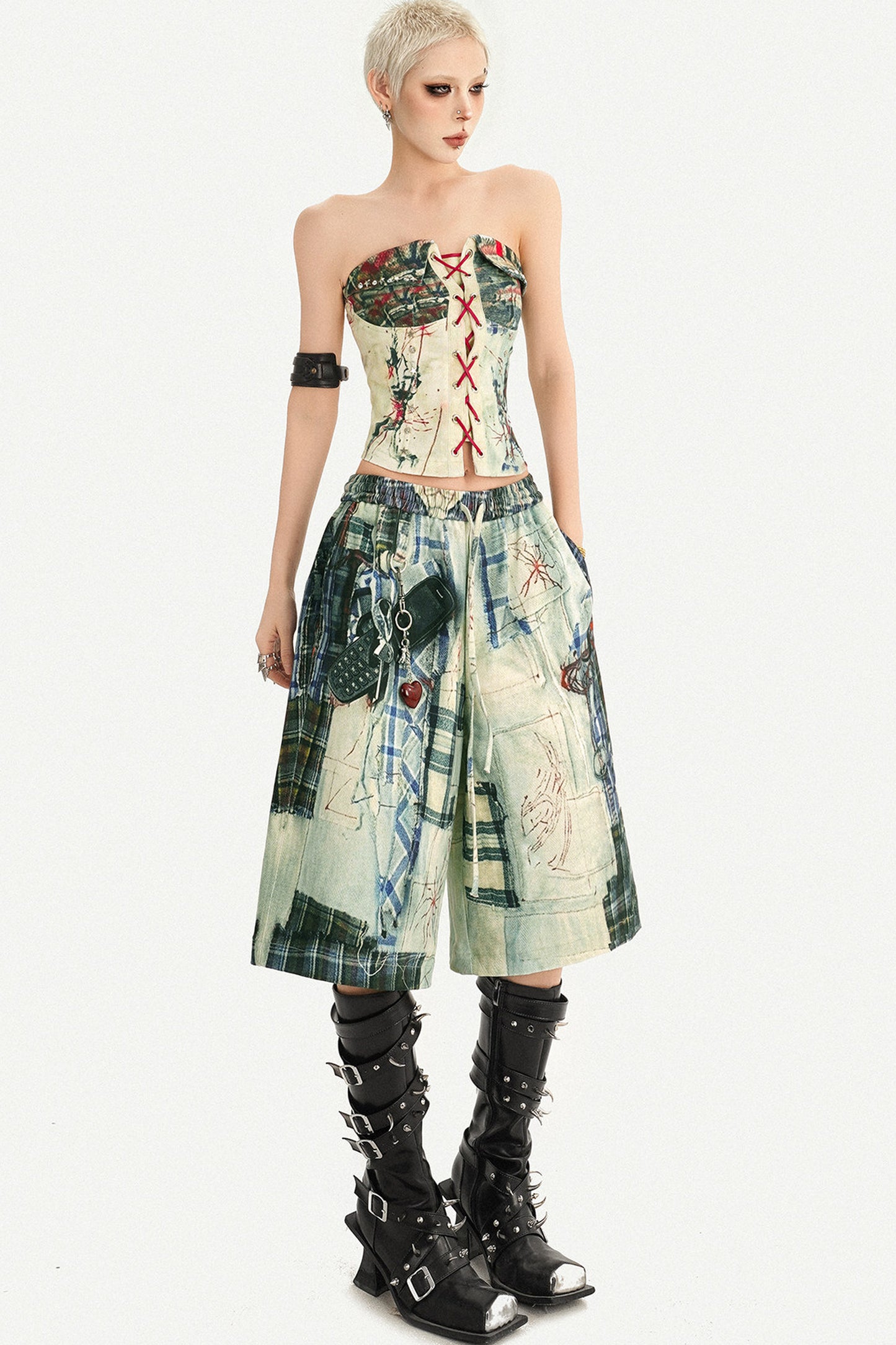 Patchwork Plaid Wide-Leg Pants