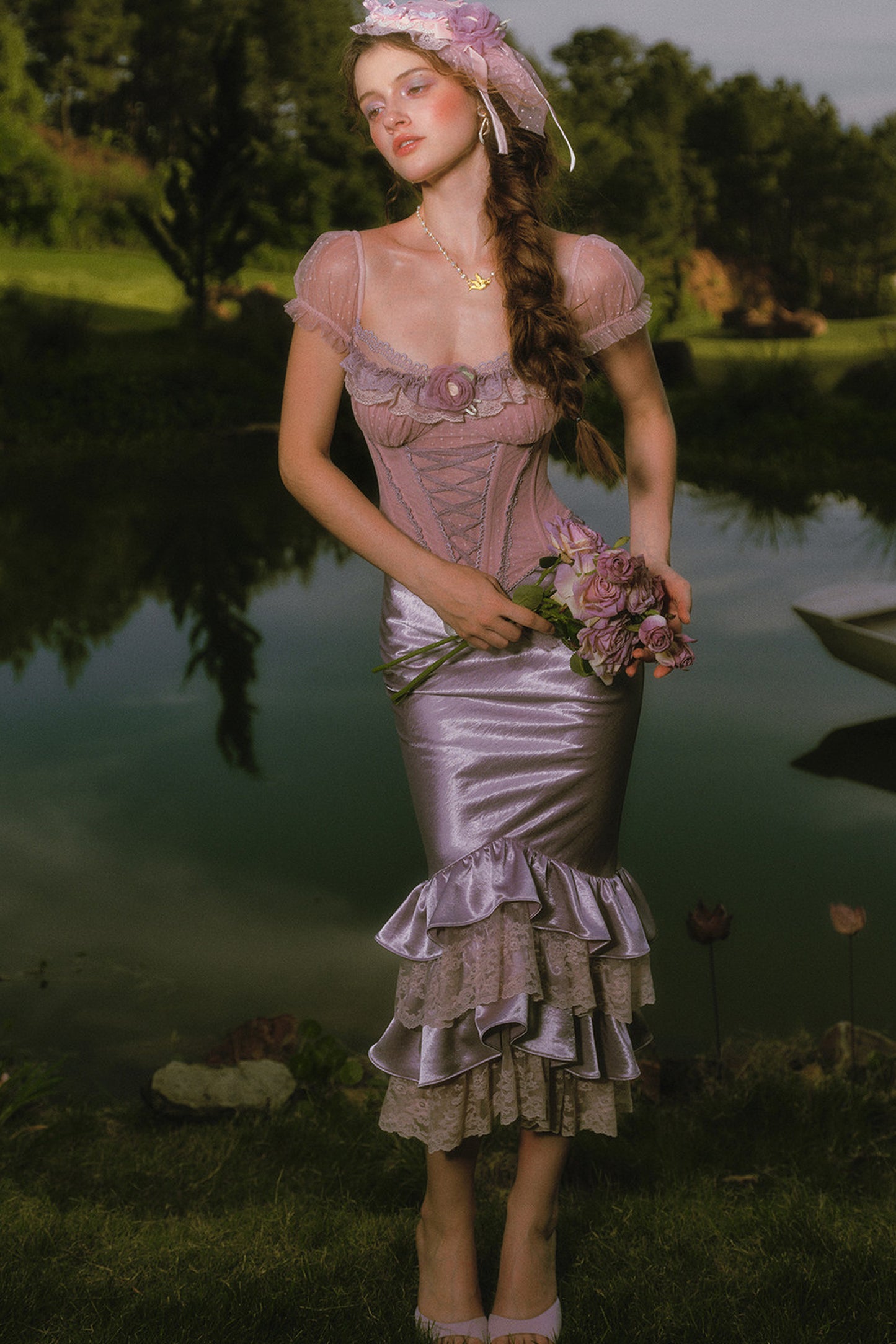 Purple Floral Fishbone Corset Camisole and Satin Skirt Set-Up