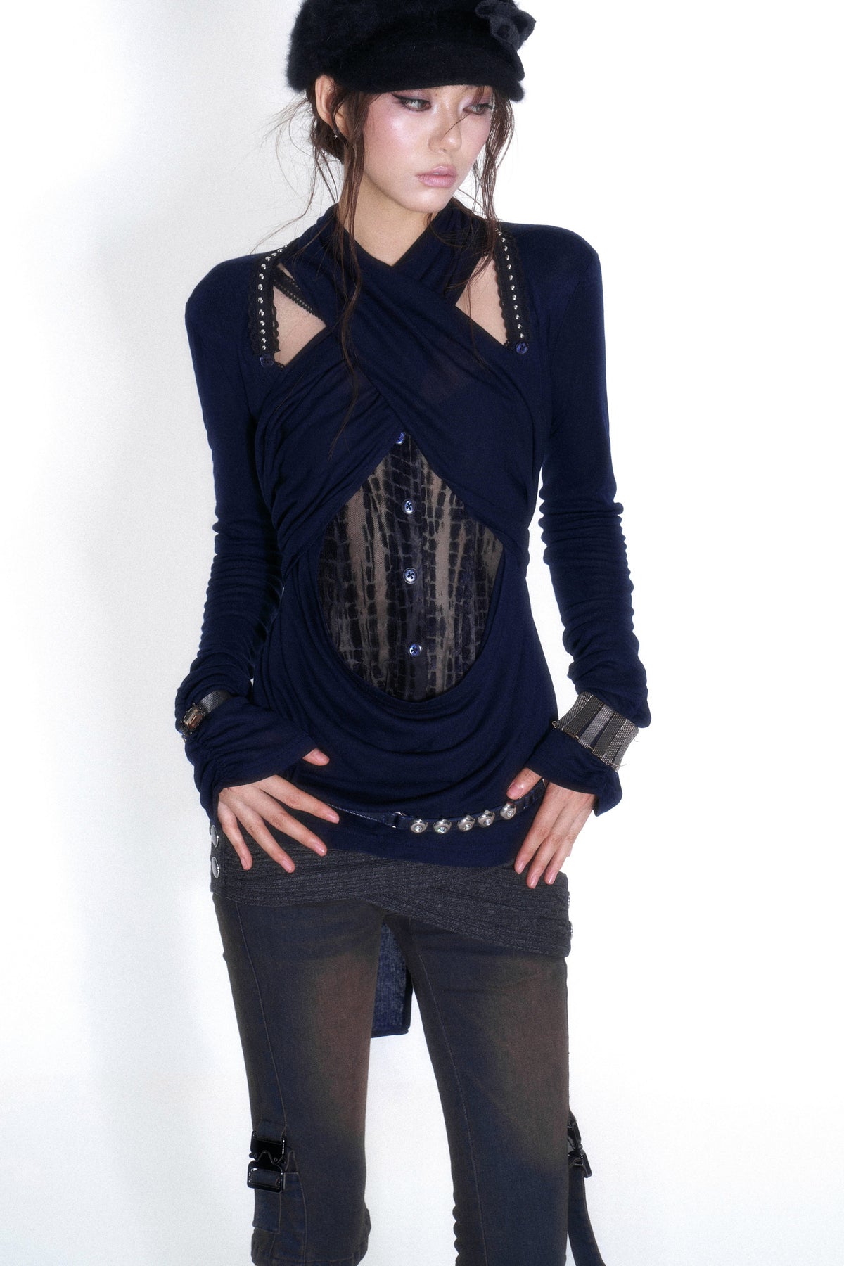 Cross-Neck Tencel Knit Mesh Spliced Long-Sleeved Top