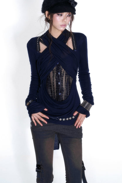 Cross-Neck Tencel Knit Mesh Spliced Long-Sleeved Top