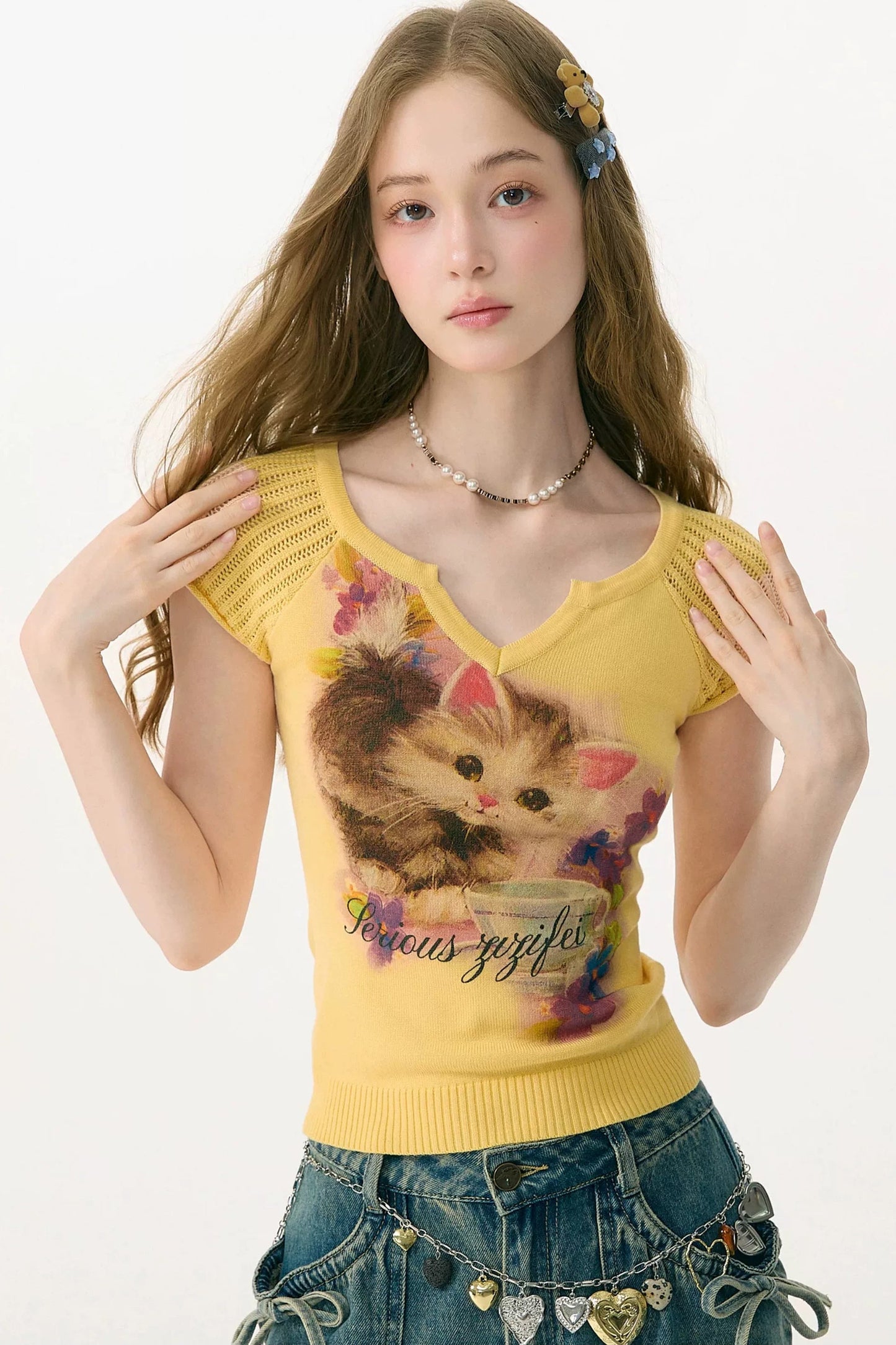 Warm Yellow Cat Print Knit T-Shirt