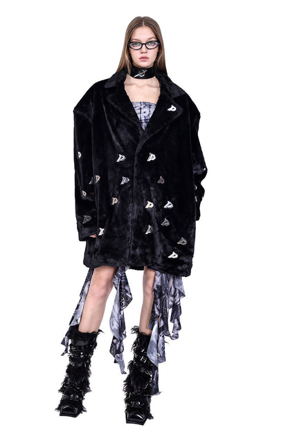 Letter Quilted Shoulder Pads Genderless Black Fur Jacket