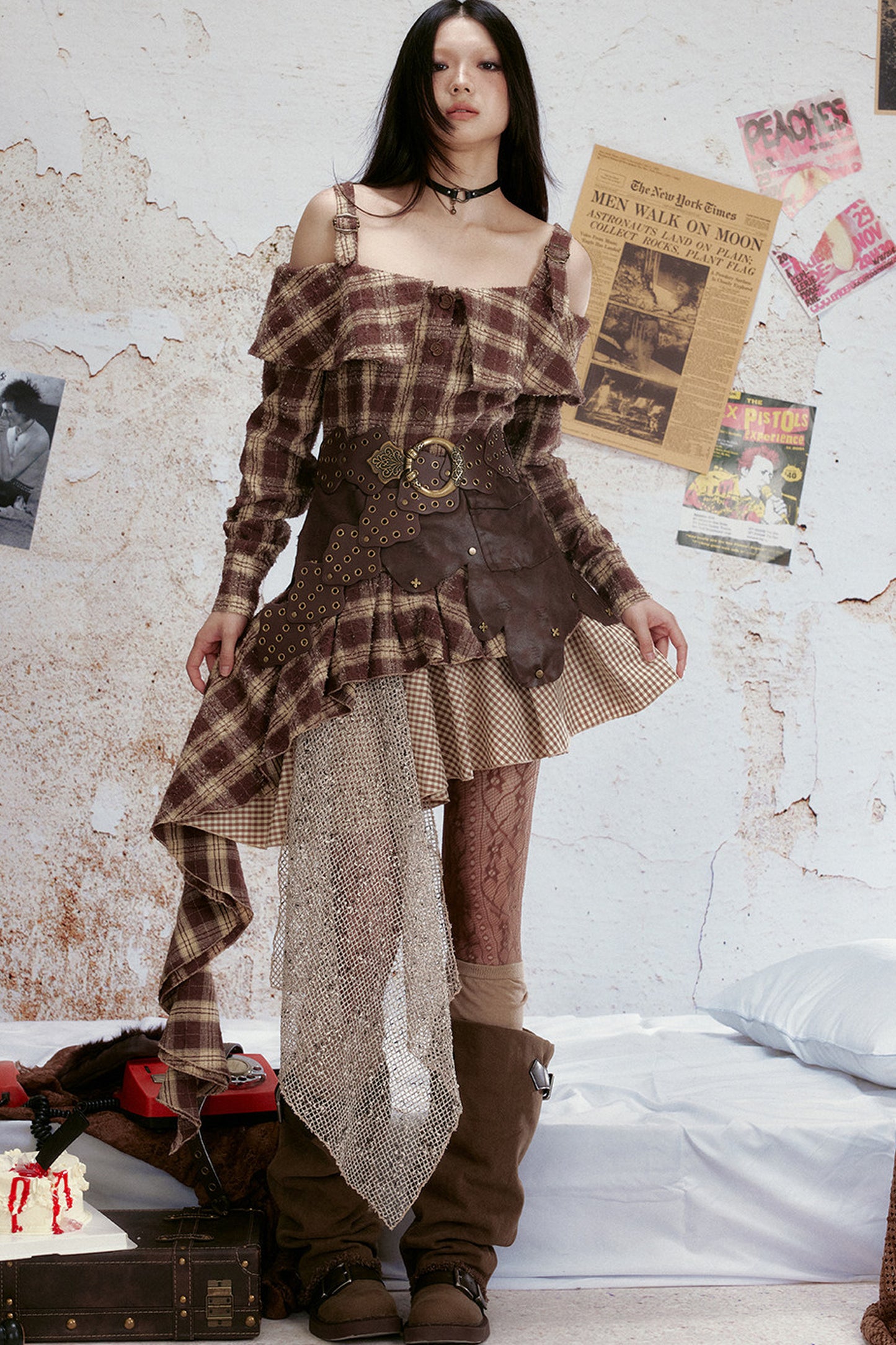 Off-Shoulder Plaid Ruffle Dress