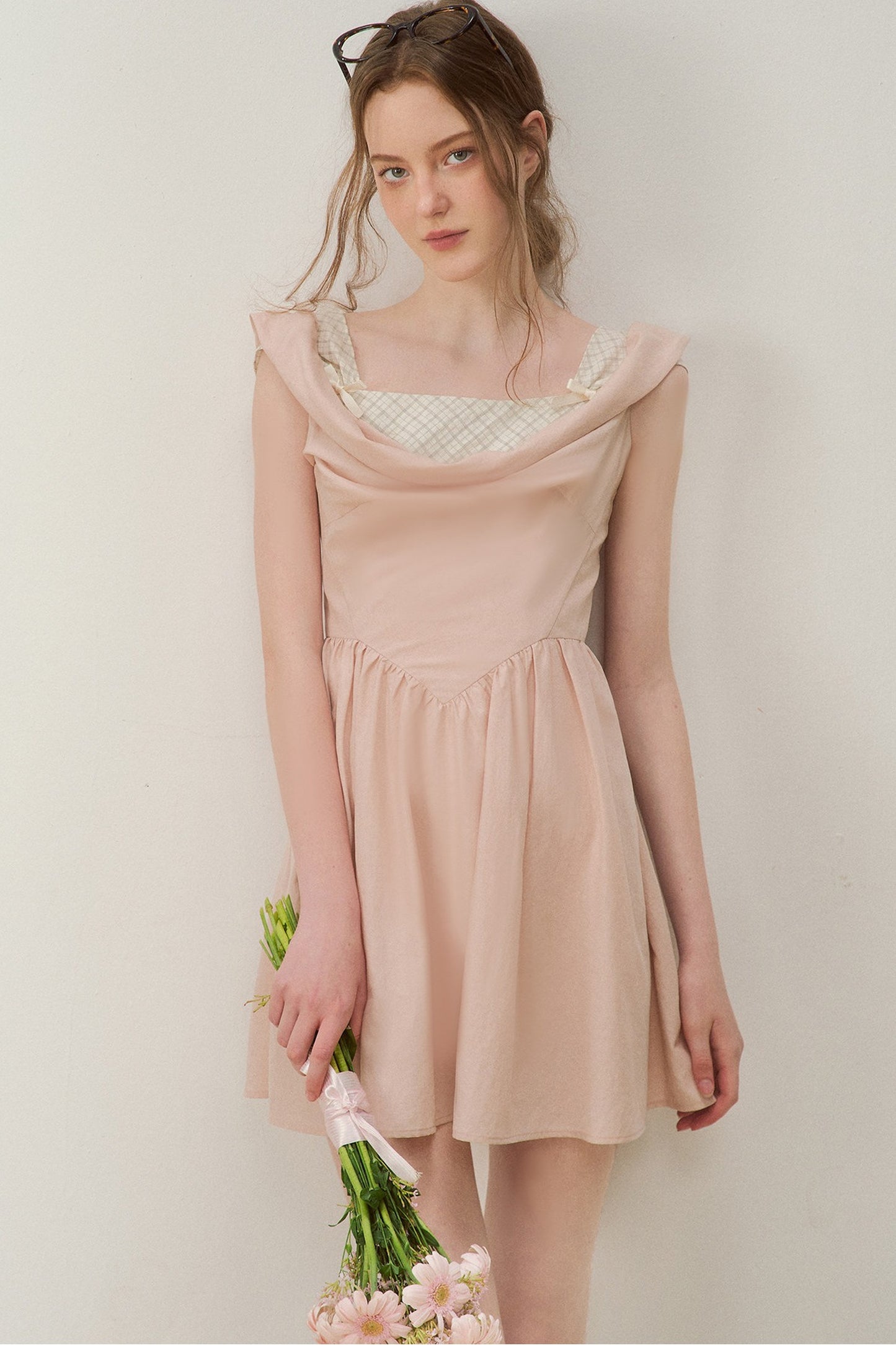 Robe évasée à col en lyocell à carreaux