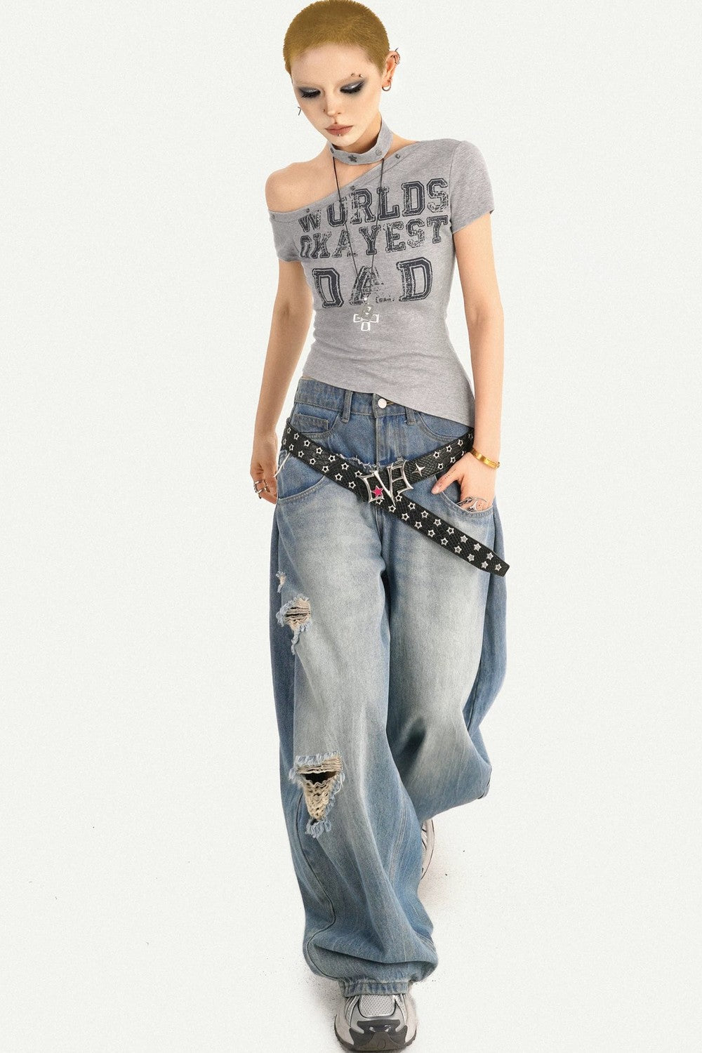 Gray Off-Shoulder Letter Top