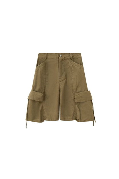 Khaki Washed Multi-Pocket Shorts