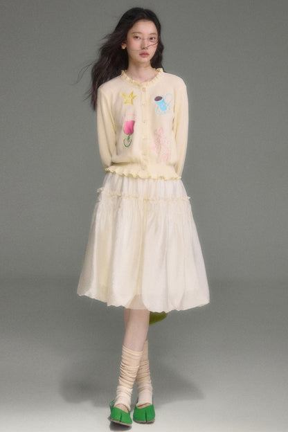 Hand-Painted Embroidered Bell-Sleeve Knit Cardigan