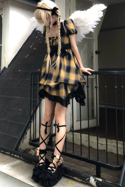 Yellow Plaid Puff Sleeve Dress Set-Up