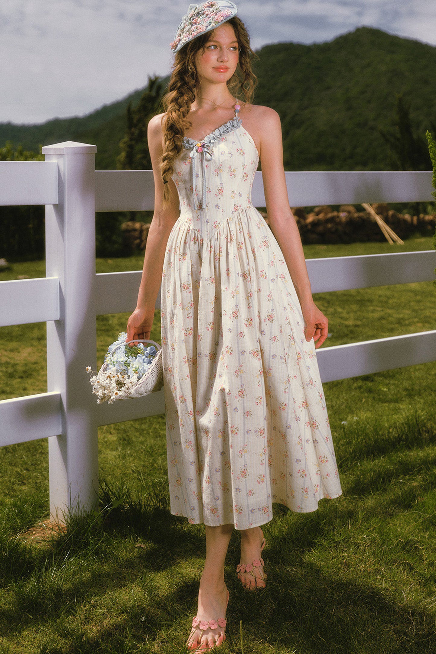 Floral Printed Fishbone Camisole Dress and Pink Cardigan Set-Up