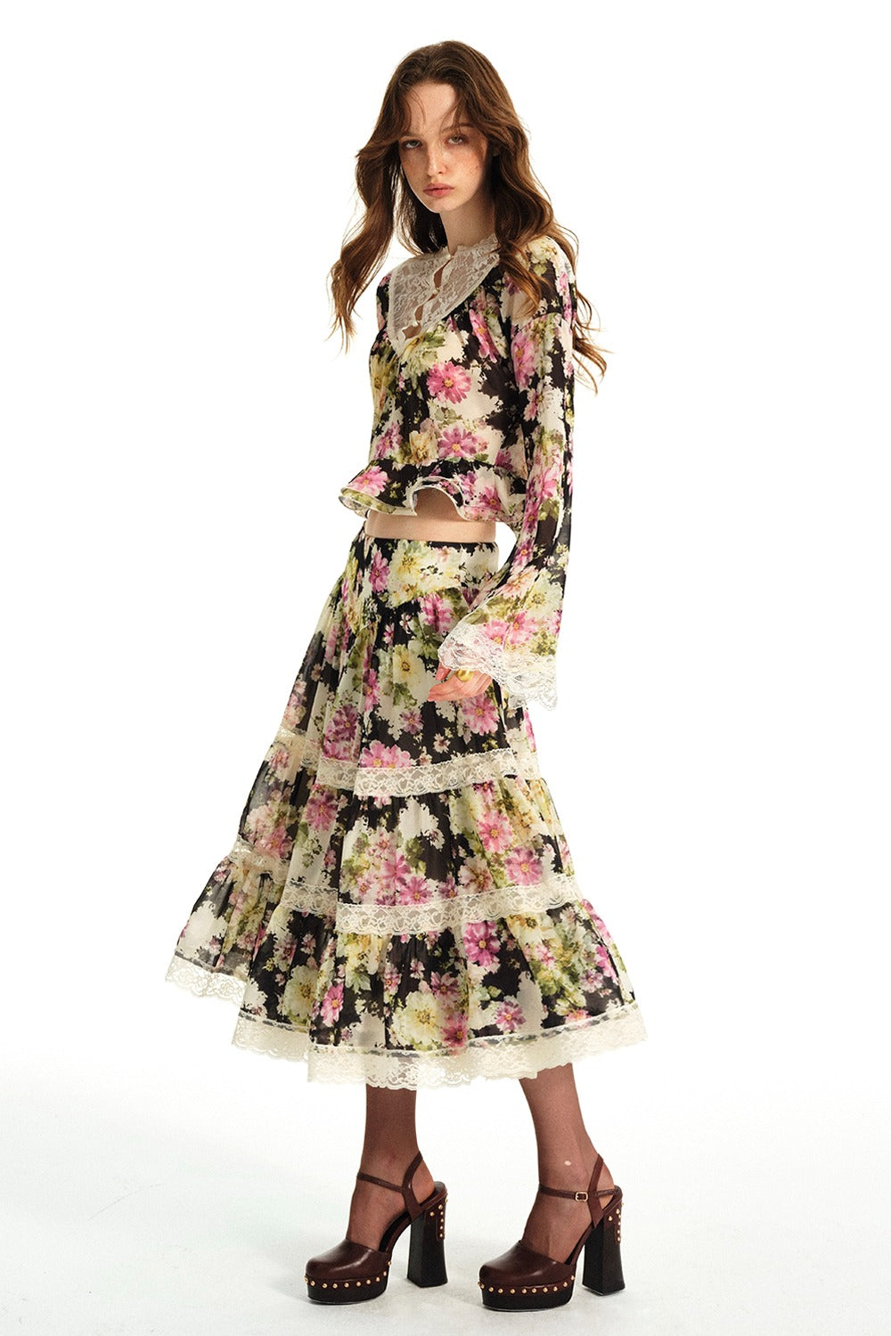 Reversible Floral Chiffon Top and Lace Skirt Set-Up