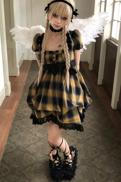Yellow Plaid Puff Sleeve Dress Set-Up