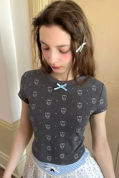 Tee-shirt à manches courtes à imprimé pois avec ours