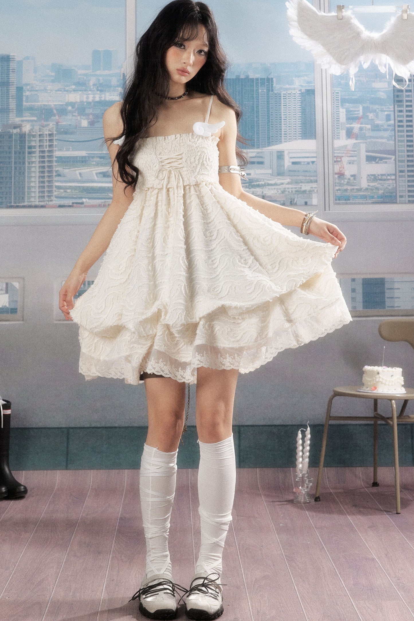 Pleated Lace Texture Camisole Dress