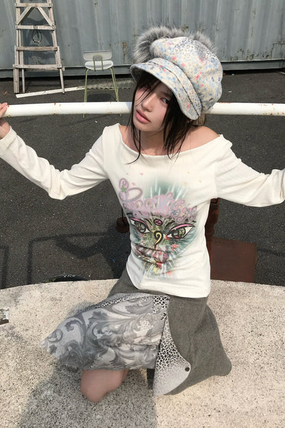 Reversible Swing Collar Long-Sleeve Printed T-Shirt