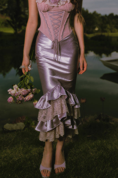 Purple Floral Fishbone Corset Camisole and Satin Skirt Set-Up