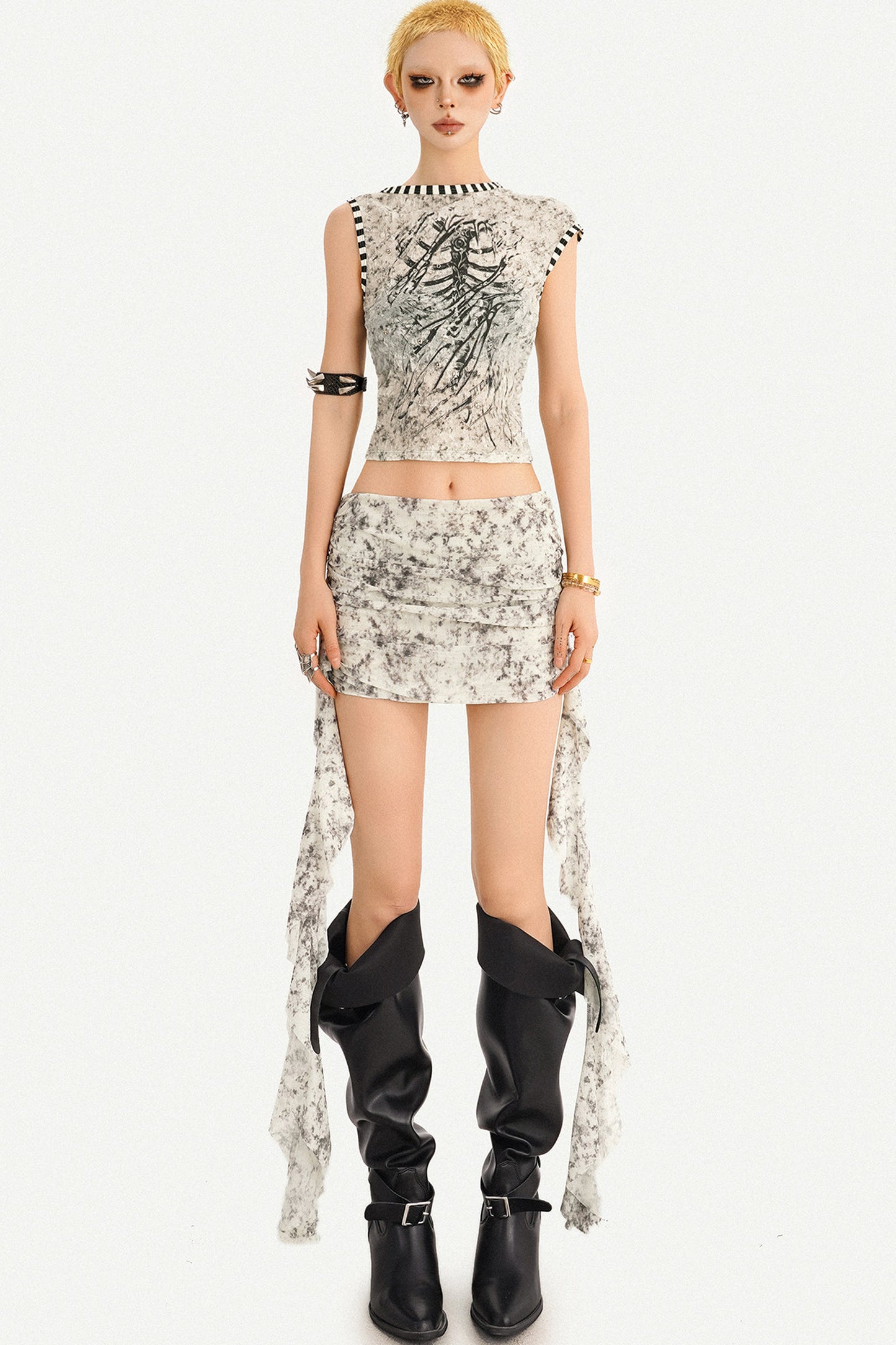 Skeleton Print Ribbed Crop Top and Tie Skirt Set-Up