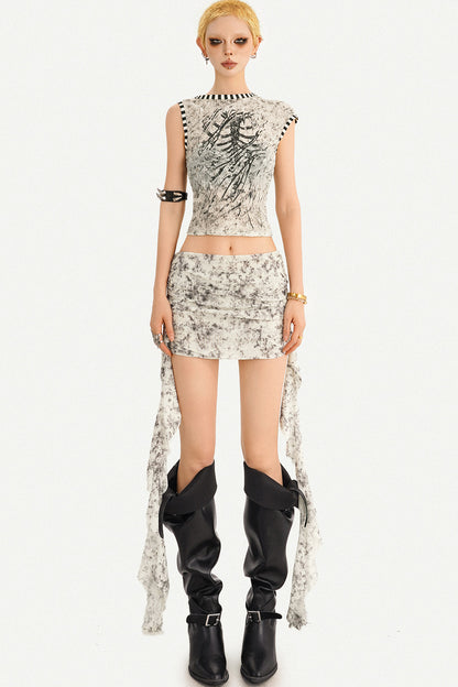 Skeleton Print Ribbed Crop Top and Tie Skirt Set-Up