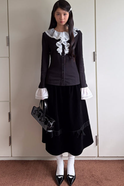 Black Velvet Bow Tie Midi Skirt