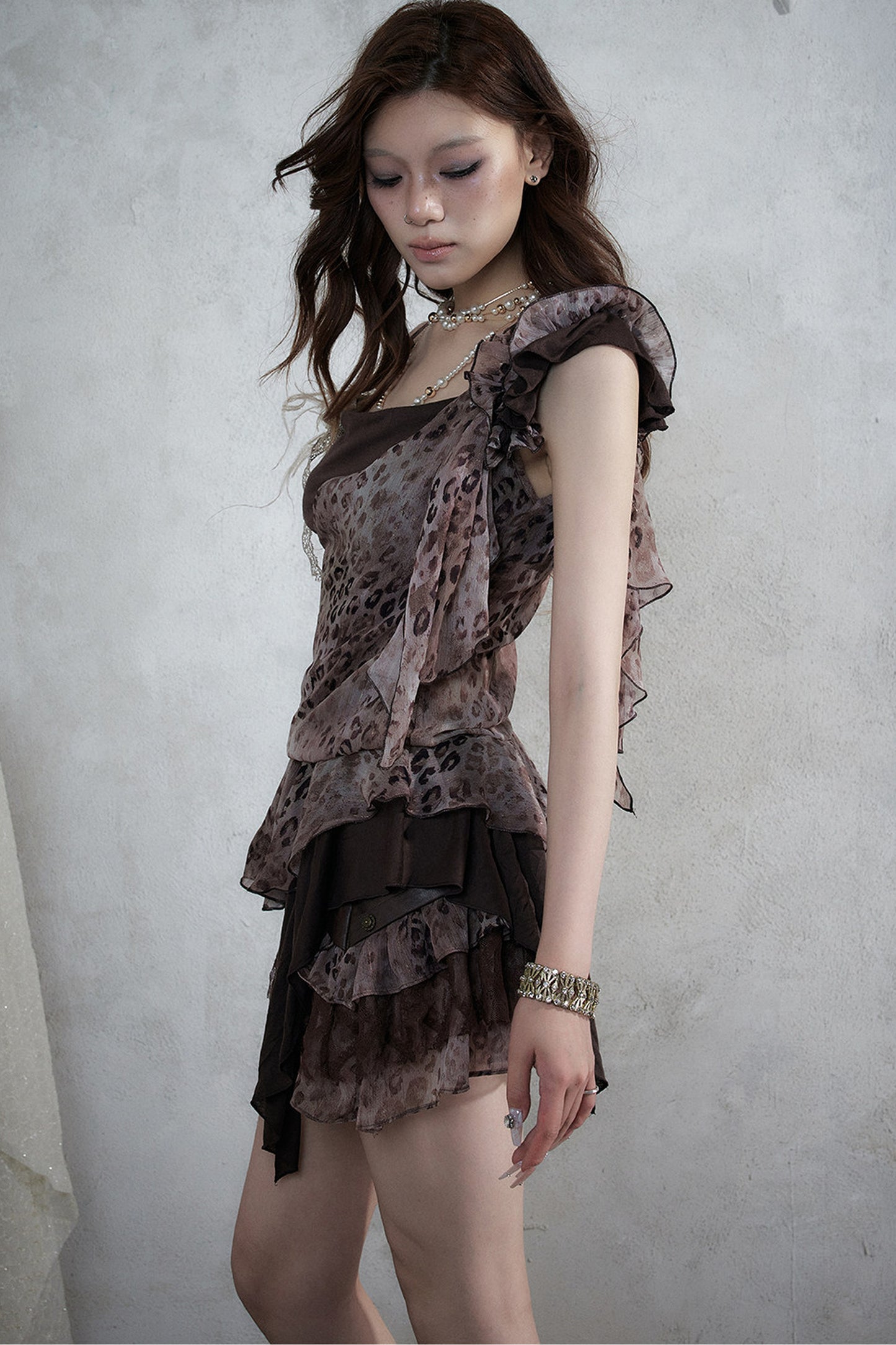 Leopard Print Layered-Look Strap Irregular Hem Dress
