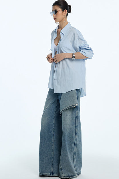 Asymmetrical Deconstructed Denim Wide-Leg Pants