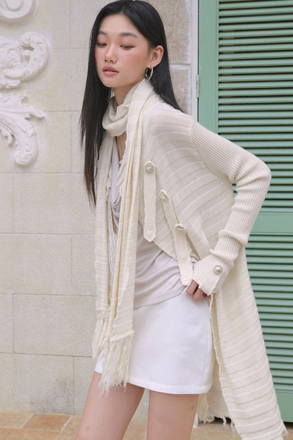 Asymmetrical Fringed Wool Knit Jacket Set-Up