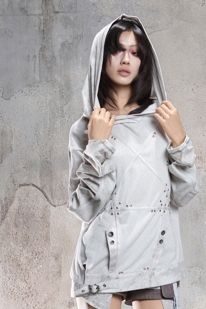 Loose Distressed Rivet Hooded Sweatshirt