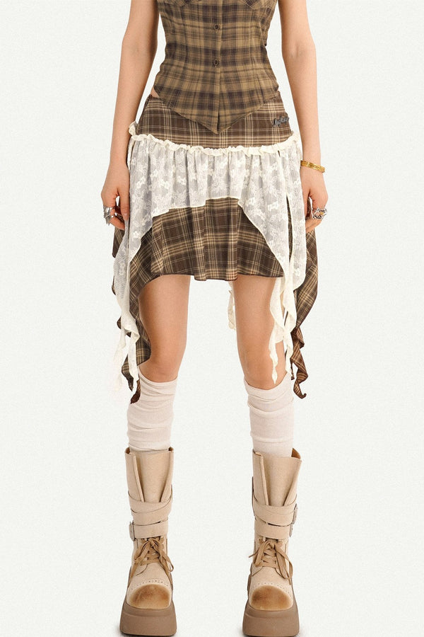 Retro Plaid Asymmetrical Short Skirt