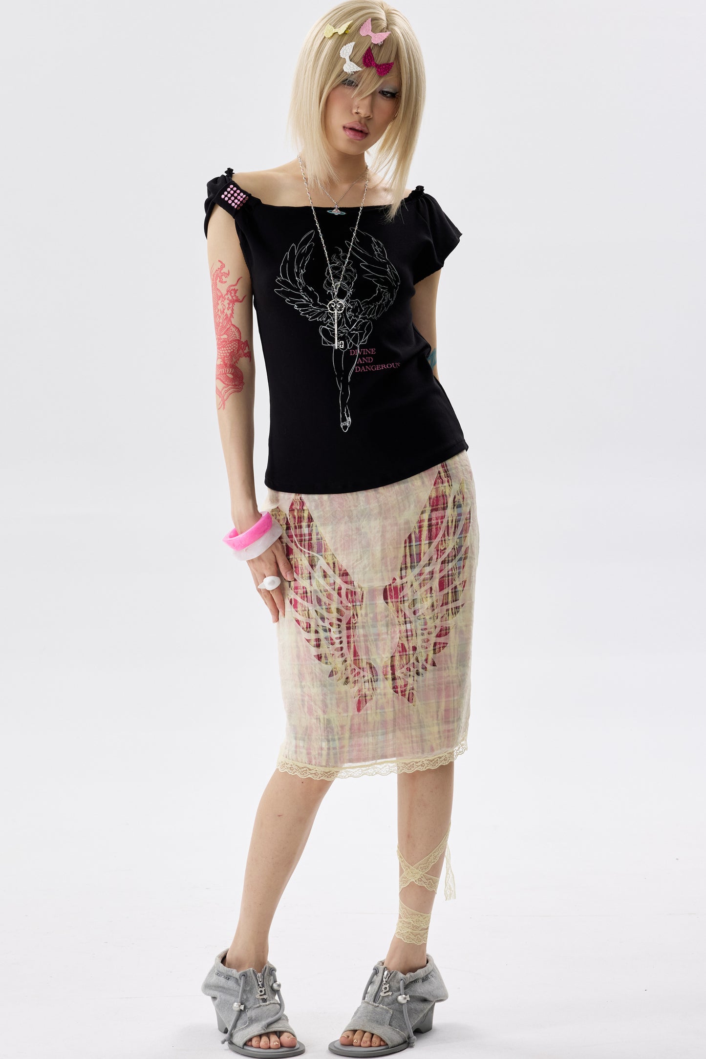 Plaid Organza Cut-Out Skirt