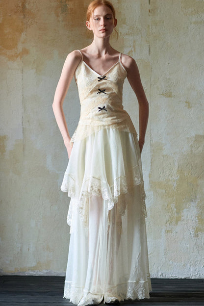 Beige Lace Bow Camisole Set-Up