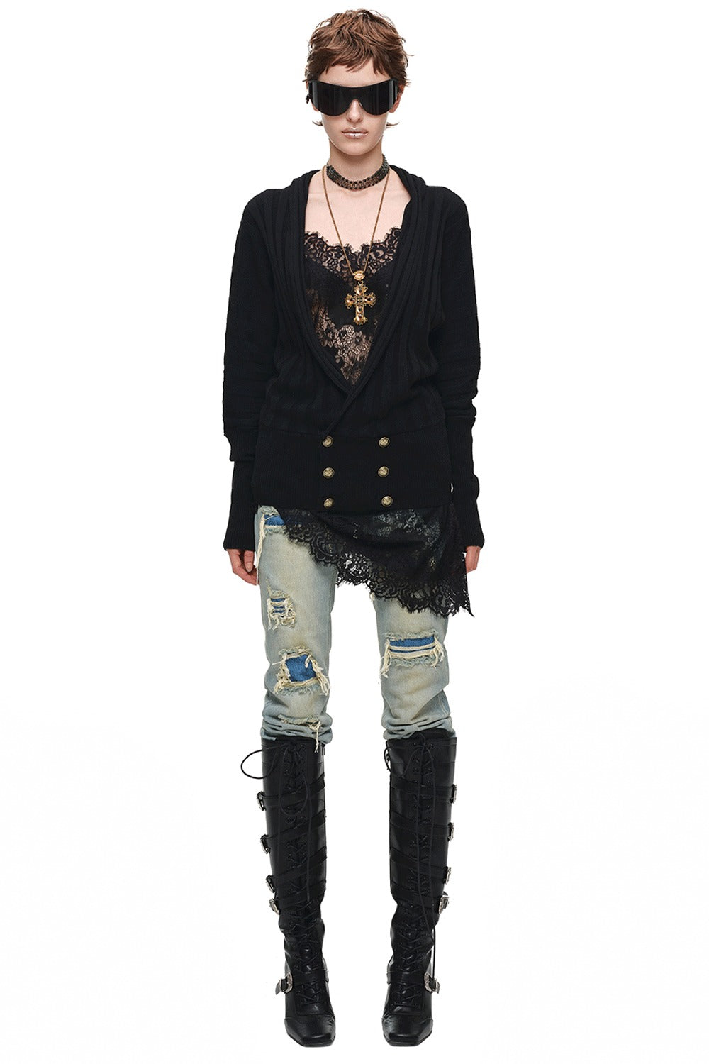 Double-Breasted V-Neck Knit Cardigan