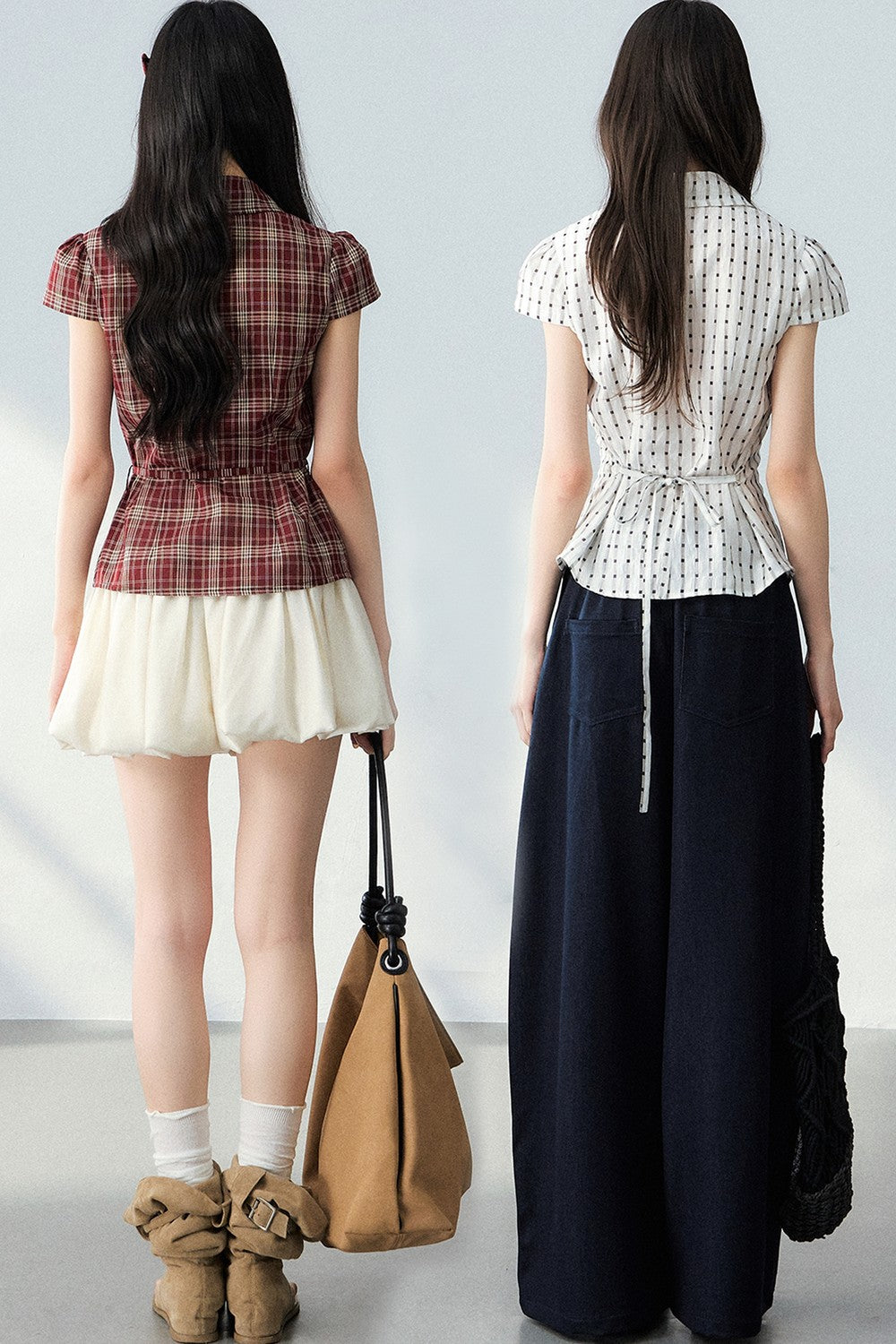 V-Neck Plaid Polka Dot Short Sleeve Shirt Set-Up