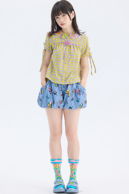 Yellow Purple Plaid Embroidered Doll Collar Shirt