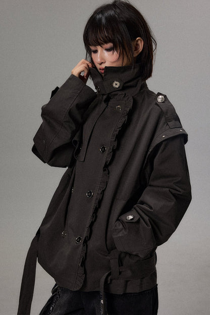 Punk Double-Breasted Lace Trim Trench Coat