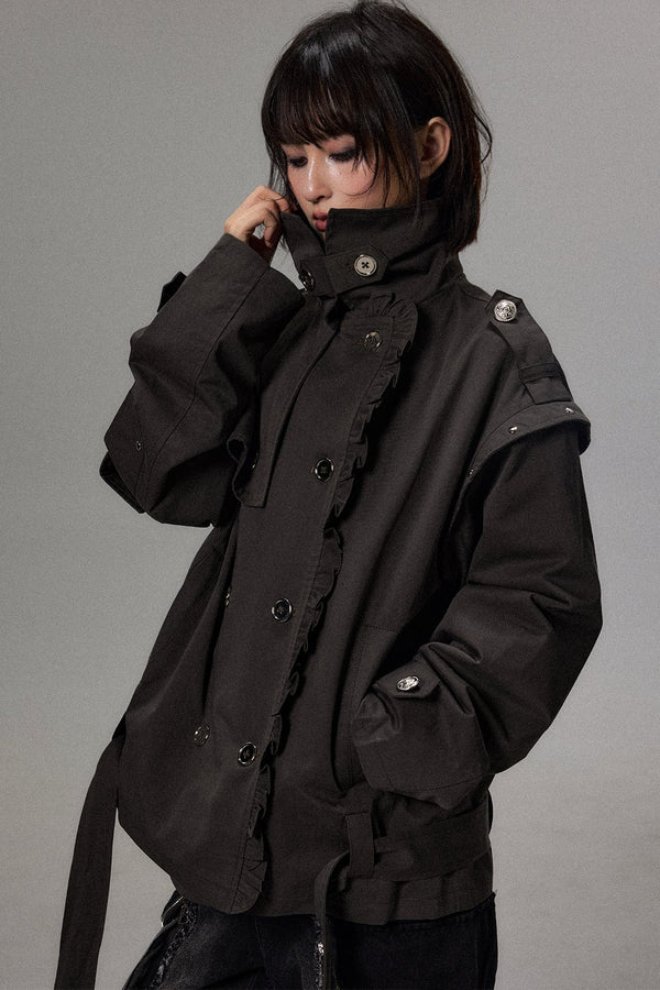 Punk Double-Breasted Lace Trim Trench Coat