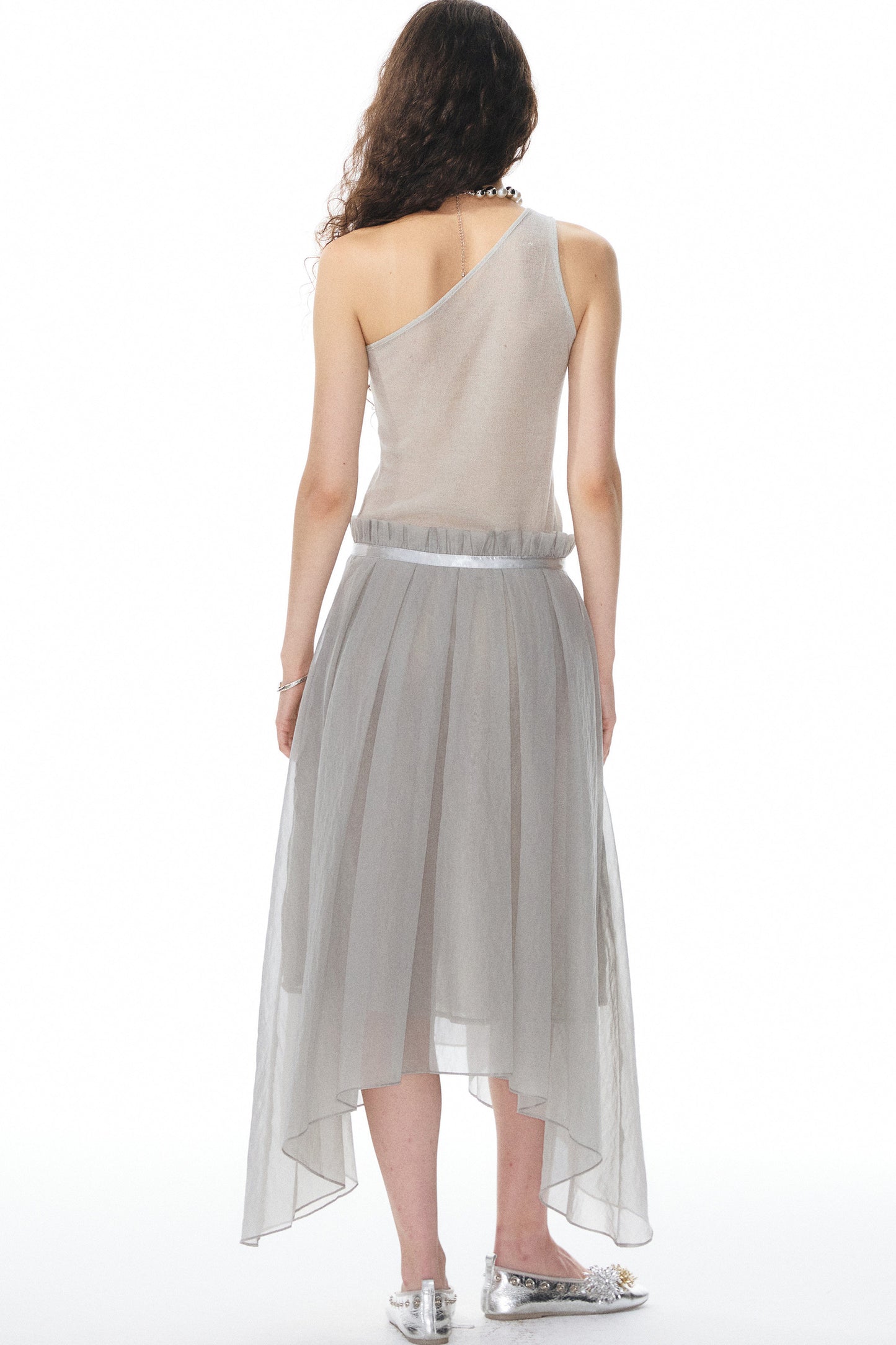Satin Ribbon Knit Vest & Pleated Skirt Set