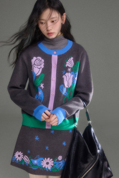 Nightingale Rose Bird Jacquard Knit Cardigan Vest and Skirt Set-Up
