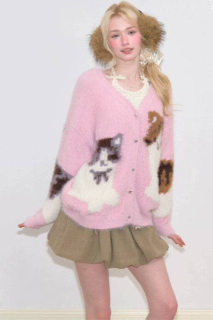 Pink Cat Knit Cardigan