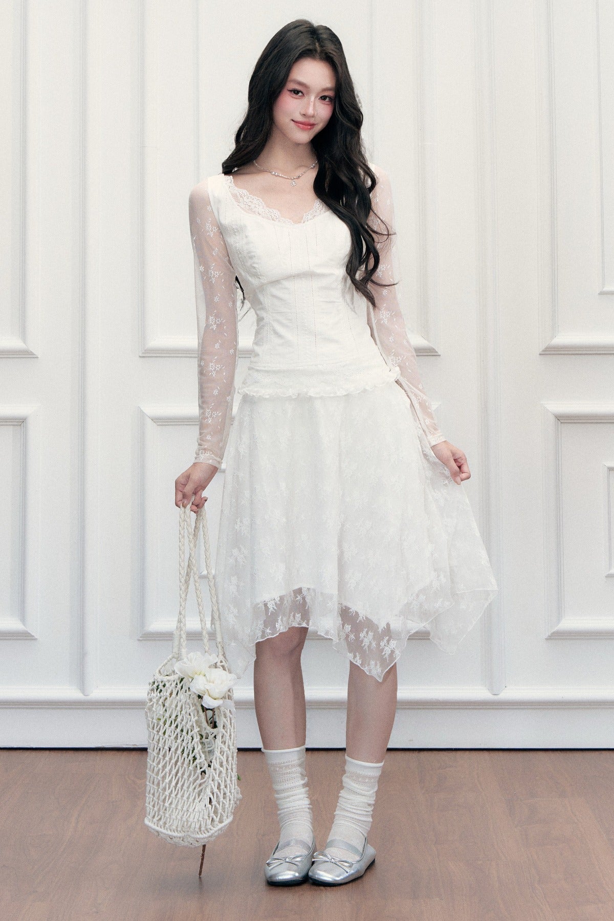 Lace Embroidered Top and Skirt Set-Up