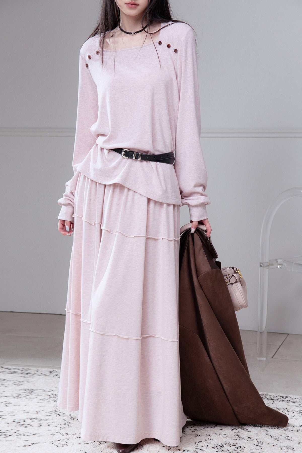 Wool Silk Diamond Neck Knit Top And Skirt Set