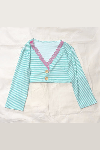 Mint Green Striped Mid-Sleeve Lace Jacket