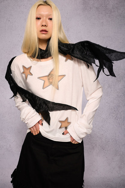 Star Hollow Mesh Embroidery Long-Sleeved Top