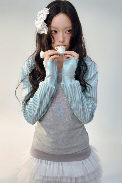 컬러 블록 라인스톤 긴소매 티셔츠