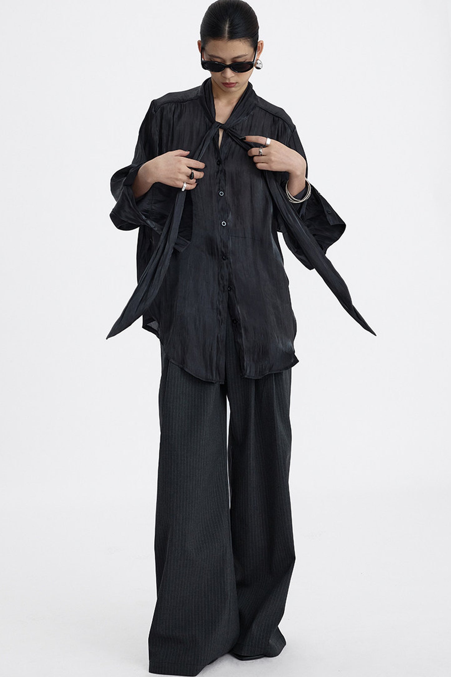 Pleated Pinstripe Wide-Leg Trousers