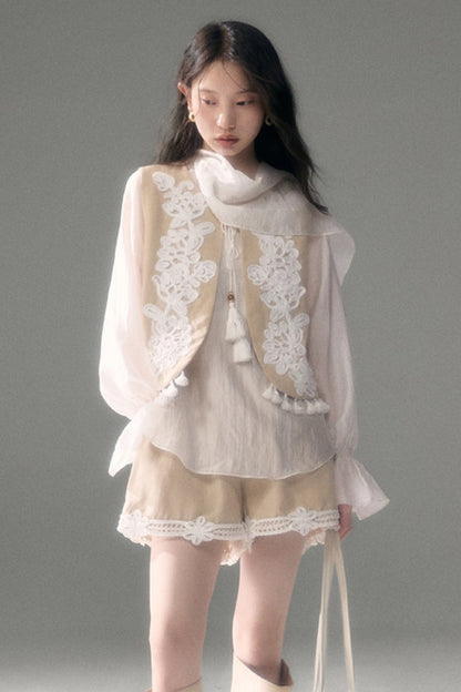 Three-Dimensional Rope Embroidery Floral Tencel Vest and Shorts Set-Up