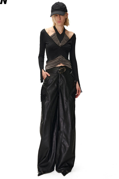 Bougainvillea Pleated Halter Neck Patchwork Irregular T-shirt