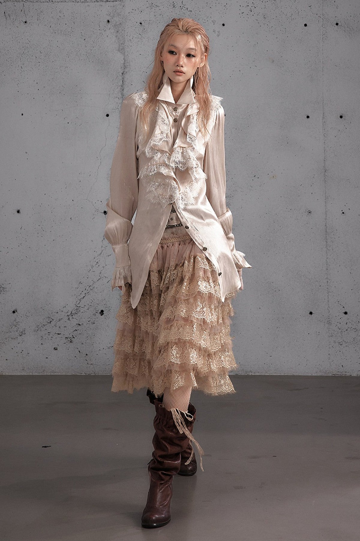 Ruffled Lace Patchwork Satin Blouse