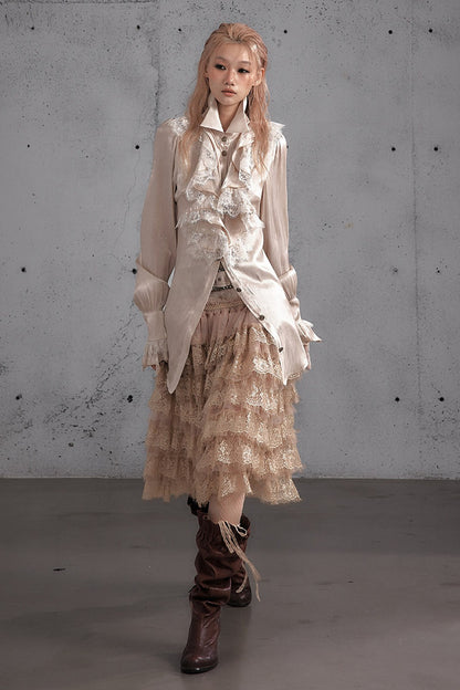 Ruffled Lace Patchwork Satin Blouse