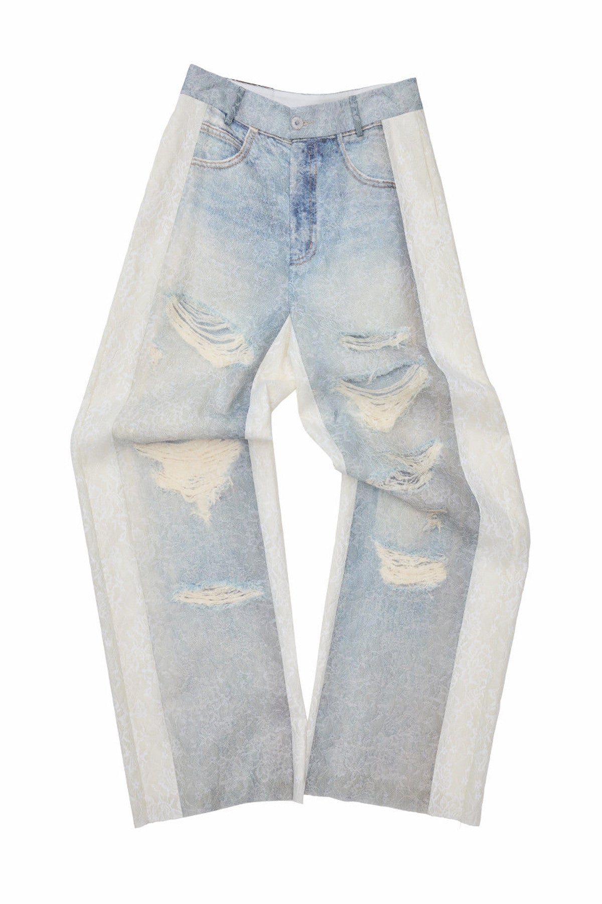 Washed Ripped Lace Straight-Leg Pants